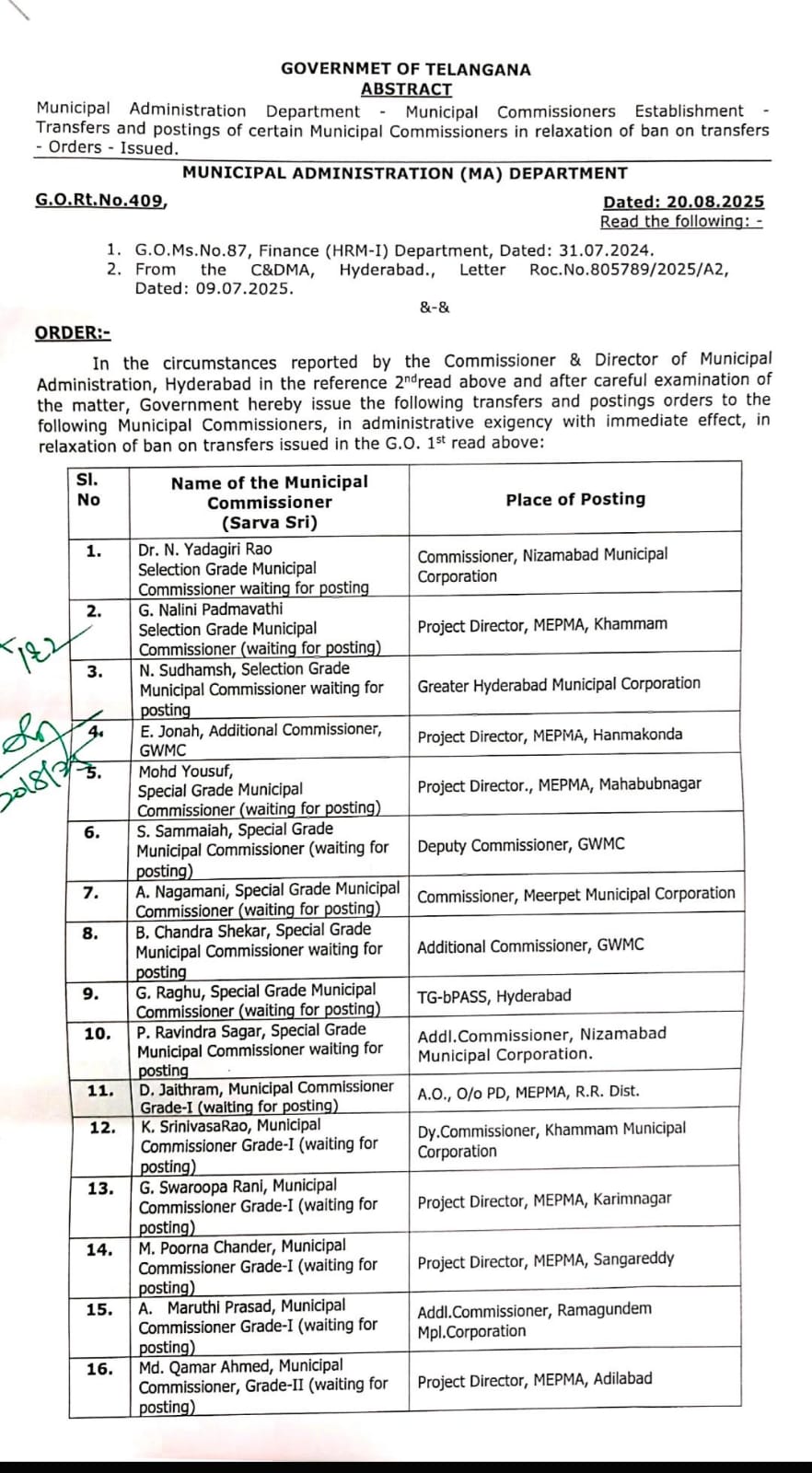 Municipal Commissioners Transfer | మున్సిపల్​ కమిషనర్​ల బదిలీ.. నిజామాబాద్​కు​ యాదగిరి రావు